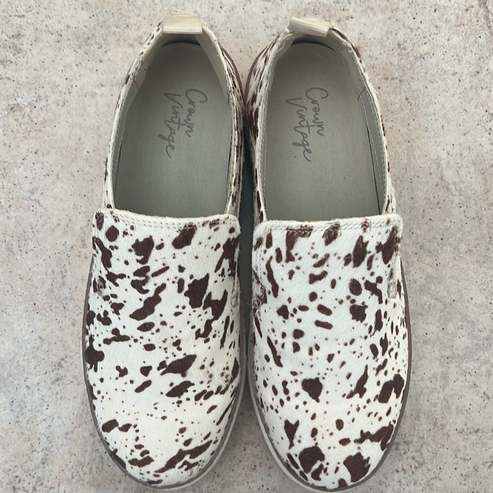 Brand new in original (mis-marked size) box Crown Vintage calf hair slip-ons.